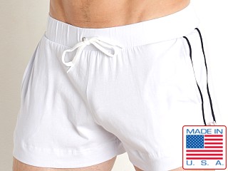 Model in white American Jock Phys Ed Volley Pocket Short