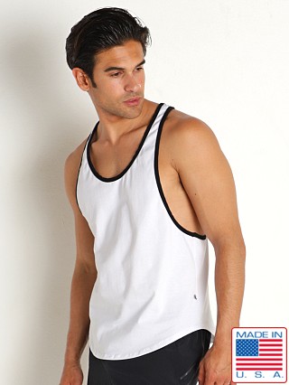 Model in white/black American Jock Bodybuilder Tank Top