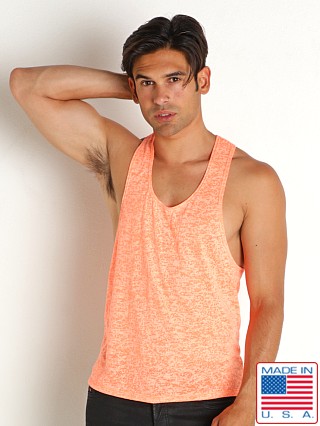 Model in neon orange Rick Majors Burnout Ringer Tank Top