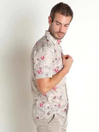 Model in ivory pomegranate Benson Champlain Short Sleeve Shirt