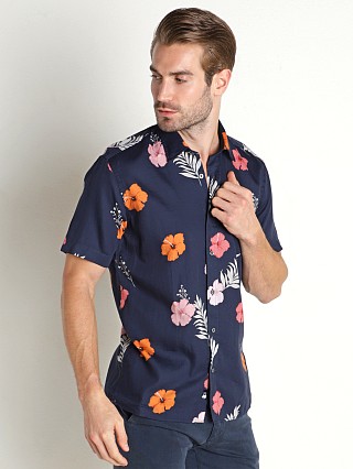 Model in navy flowers Benson Champlain Short Sleeve Shirt