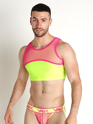 Model in fuchsia Vaux Supernova Mesh Crop Top