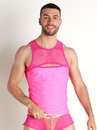 Model in fuchsia Vaux Supernova Mesh Tank Top