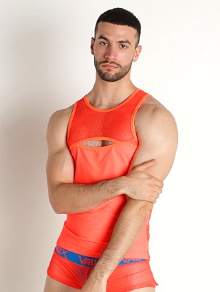 Model in orange Vaux Supernova Mesh Tank Top