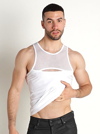 Model in white Vaux Supernova Mesh Tank Top