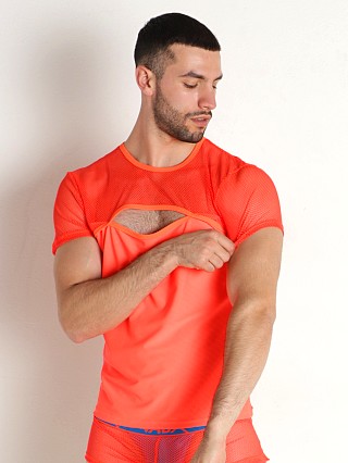 Model in orange Vaux Supernova Mesh T-Shirt