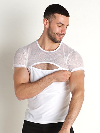 Model in white Vaux Supernova Mesh T-Shirt