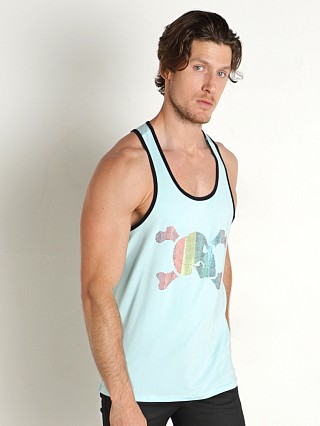 Model in sky Skull & Bones Rainbow Crystal Blue Tank Top