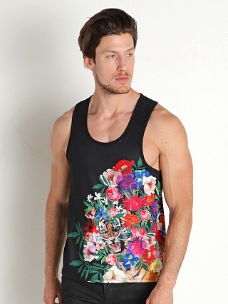 Model in print Skull & Bones Hand Painted Floral Tiger Tank Top