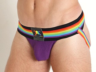 Model in purple Skull & Bones Pride Locker Room Jockstrap