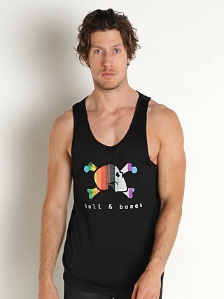 Model in black Skull & Bones Pride Logo Tank Top