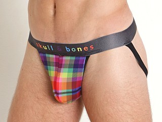 Model in print Skull & Bones Rainbow Plaid Jockstrap