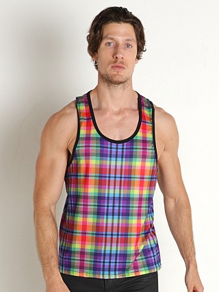 Model in print Skull & Bones Rainbow Plaid Tank Top