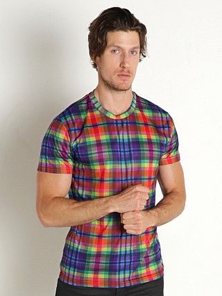 Model in print Skull & Bones Rainbow Plaid T-Shirt