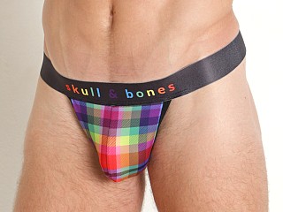 Model in print Skull & Bones Rainbow Plaid Thong