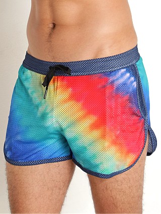 Model in print Skull & Bones Rainbow Tie Dye Mesh Short