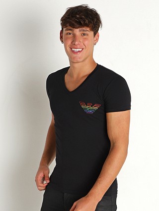 Model in black Emporio Armani Rainbow Logo V-Neck