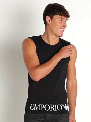 Model in black Emporio Armani Shiny Big Logo Muscle Shirt