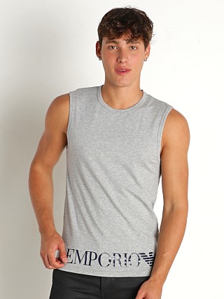 Model in light grey melange Emporio Armani Shiny Big Logo Muscle Shirt Grey Melange