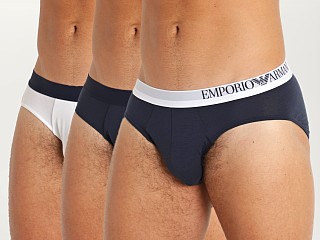 Model in marine/white/marine Emporio Armani Soft Touch Ecofiber Brief 3-Pack Marine/White/Mar