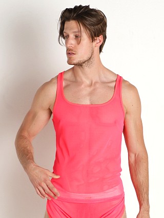 Model in pink STUD Willa Mesh Tank Top