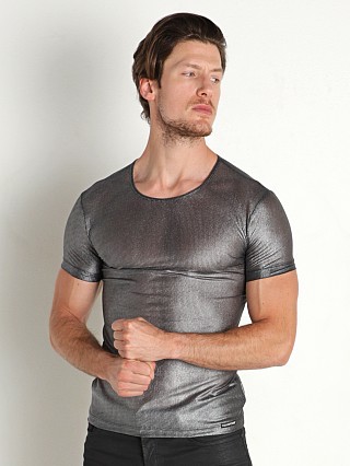 Model in shiny silver Manstore Nightclub T-Shirt