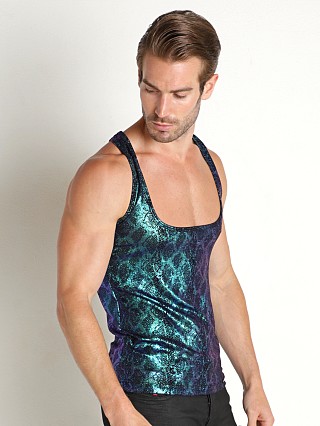 Model in shimmery snake Manstore Nightclub Workout Tank Top