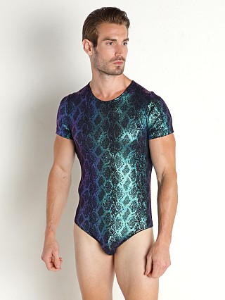 Model in shimmery snake Manstore Nightclub Pullover Cheeky Bodysuit