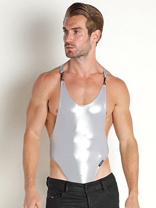 Model in silver Manstore Hooked Workout Bodysuit