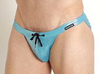 Model in petrol Manstore Beach Club Shiny Micro Tanga Swim Brief