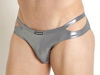 Model in mossgrey Manstore Beach Club Shiny Cutout Swim Brief