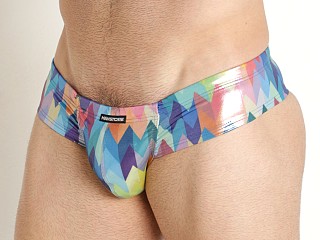 Model in parrot print Manstore Beach Club Shiny Cheeky Swim Brief