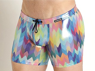 Model in parrot print Manstore Beach Club Shiny Hip Swim Boxer