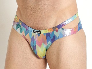 Model in parrot print Manstore Beach Club Shiny Cutout Swim Brief