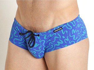 Model in blue print Manstore Beach Club Hot Pants Swim Trunk