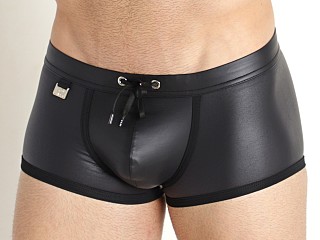 Model in black TOF Paris Fetish Faux Leather Swim Trunks