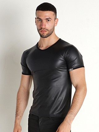 Model in black TOF Paris Fetish Faux Leather T-Shirt