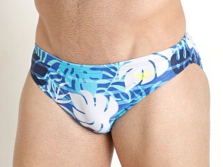 Model in blue atoll Speedo Creola HighClo Printed Solar 1" Swim Brief