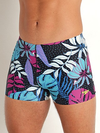 Model in fuschia Speedo Creola HighClo Printed Square Leg Trunk