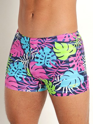 Model in green gecko Speedo Creola HighClo Printed Square Leg Trunk