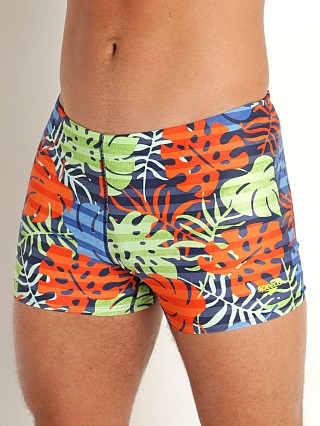 Model in dark ivy Speedo Creola HighClo Printed Square Leg Trunk