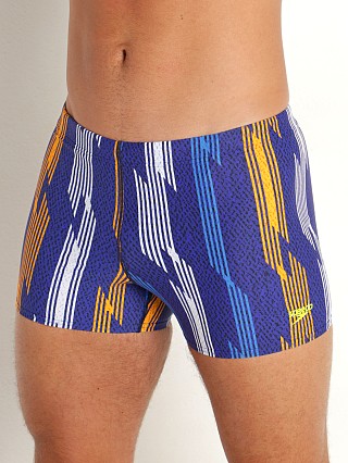 Model in oriole Speedo Creola HighClo Printed Square Leg Trunk