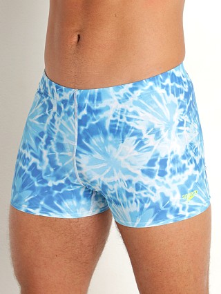 Model in white/blue Speedo Creola HighClo Printed Square Leg Trunk