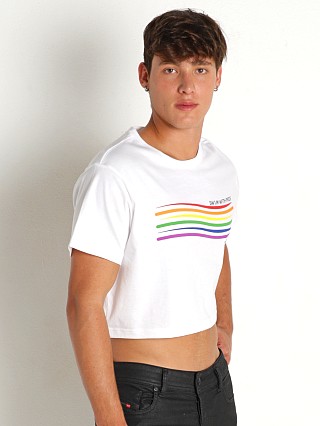 Model in rainbow print Speedo Pride Crop Top