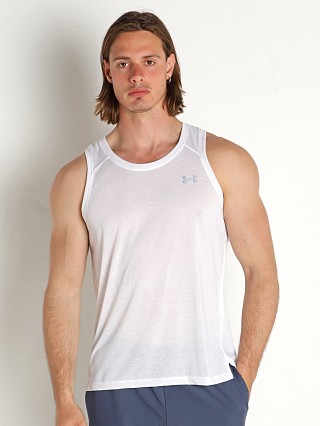 Model in white/reflective Under Armour Streaker Run Tank Top