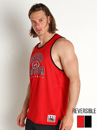 Model in red/black Under Armour Baseline Reversible Tank Top