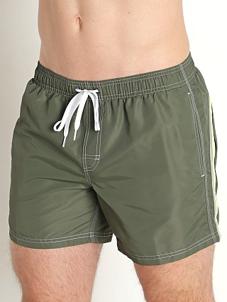 Model in dark green #8 Sundek 14" Elastic Waistband Surf Trunk