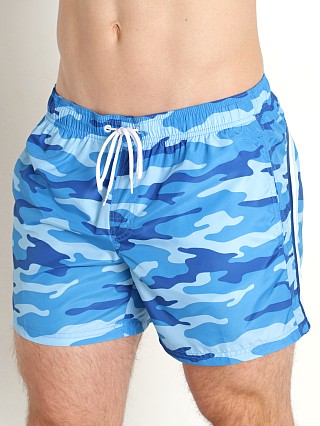 Model in light blue camo Sundek 14" Elastic Waistband Surf Trunk