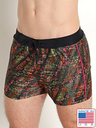 Model in mystical black Sauvage Italian Lycra Printed Swim Trunk