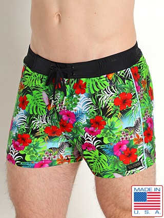 Model in rainforest Sauvage Italian  Lycra Printed Swim Trunk